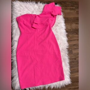 One ruffled shoulder pink dress
